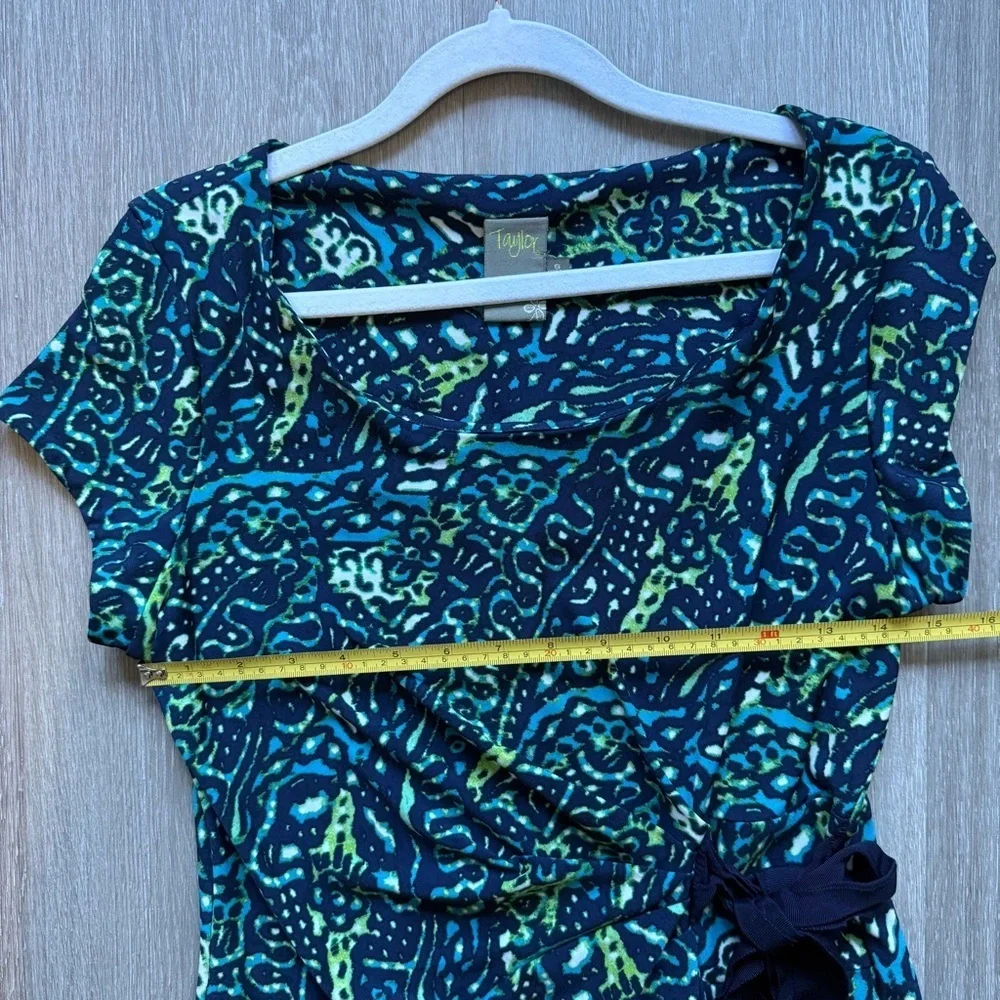 Taylor Blue and Black Ruched Wrap Midi Dress